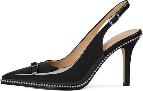 SAMMITOP المرأة Slingback الكعب العالي وأشار اصبع القدم مشبك الفضة مطرز مضخات الخناجر الانزلاق على 3.5 بوصة مثير الكعب اللباس أحذية براءات الاختراع والجلود in Saudi Arabia