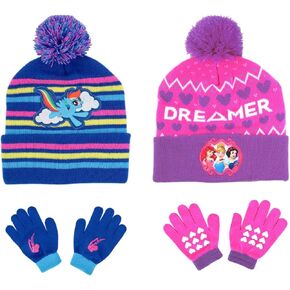 ABG Accessories 2 Pack, Toddler Winter Hat, Kids Gloves or Mittens, My Little Pony and Princess Baby Beanie for Girls Ages 4-7 Blue/Pink