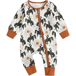 Western Baby Boy Girl Clothes Cow Horse Print Romper Zipper Long Sleeve Jumpsuit Bodysuit Newborn Fall Outfit