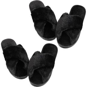 Newcotte 2 Pairs Women's Fuzzy Slippers Cross Band Fluffy Slippers Plush Open Toe House Slippers Cozy Furry Bridesmaid Slippers Indoor Outdoor