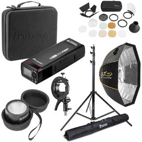 Flashpoint eVOLV 200 Pro TTL Pocket Flash Round Head Pro, Bundle with Glow S2 Bowens Mount Bracket and EZ Lock Quick Octa Large Softbox