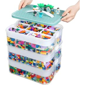 Douorgan Toy Storage Organizer for Lego Stackable Organizer Bins with Compartments Portable Containers with Lids Building Blocks Miniature Organizer Storage Box Toy Chest Case (Blue, 1 Layer)