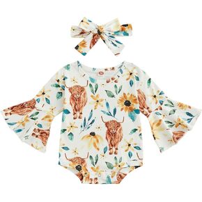 MAINESAKA Newborn Baby Girl Halloween Romper Pumpkin Print Bell Long Sleeve C1rewneck Loose Fit Bodysuit With Headband