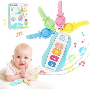 Baby Teething Relief Toys for 6-12 Months, Baby Teether Keys Car Musical Toy for 6 9 12 18 36 Months, Food Grade Silicone Sensory Toy Travel Toys Gifts for Infant Baby Boys & Girls
