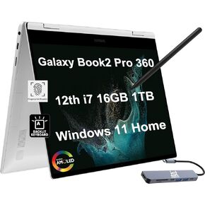 SAMSUNG Galaxy Book2 Pro 360 15.6" 2-in-1 Touchscreen (Intel 12-Core i7-1260P, 16GB RAM, 2TB PCIe SSD, Active Stylus) FHD AMOLED Convertible Laptop, Thunderbolt 4, Backlit, Fingerprint, Win 11 Home
