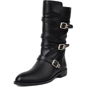 UTIKLIOU Women's Mid Calf Boots Round Toe Low Heels Boots Side Zip Wide Calf Boots Faux Leather Winter Shoes