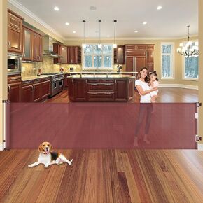 110 Inch Retractable Baby Gates Extra Wide Dog Gate for Large Openings Indoor Retractable Dog Gate Outdoor Retractable Gate Extra Long Baby Gate for Doorways Large Dog Gate for Stairs Deck Gate, Brown