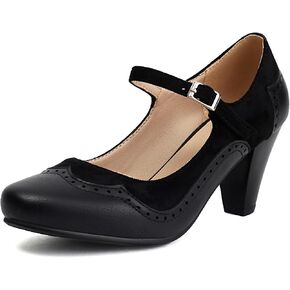 Elerhythm Women's Mary Jane Classic and Retro 1920s Pump Heels Gatsby Oxford Pattern 1950s Pinup Vintage Round Closed Toe 1940s Ankle Strap Dress Shoes
