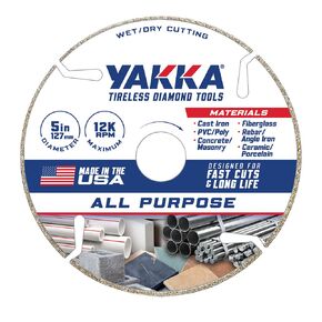 Yakka 5 Inch All Purpose Diamond Blade cuts virtually All Materials, Comes with 7/8 inch Arbor and 5/8 inch Reducer Ring