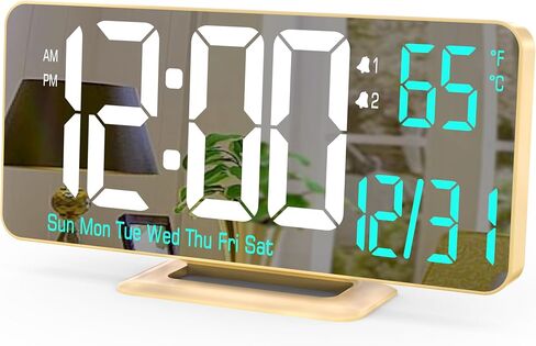 KOSUMOSU Desk Clock for Bedroom Accessories 6.7in Gold Digital Alarm Clock with Dimming,12/24h, Date, Day of Week, Temp, LED Clock, Modern Digital Calendar Clocks for Living Room Essentials in Kuwait
