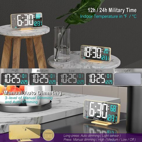 KOSUMOSU Desk Clock for Bedroom Accessories 6.7in Gold Digital Alarm Clock with Dimming,12/24h, Date, Day of Week, Temp, LED Clock, Modern Digital Calendar Clocks for Living Room Essentials in Kuwait