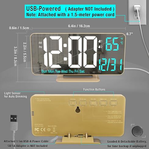 KOSUMOSU Desk Clock for Bedroom Accessories 6.7in Gold Digital Alarm Clock with Dimming,12/24h, Date, Day of Week, Temp, LED Clock, Modern Digital Calendar Clocks for Living Room Essentials in Kuwait