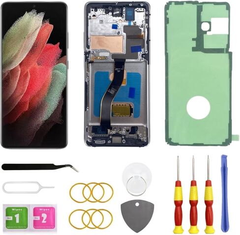 شاشة OLED بديلة لهاتف Samsung Galaxy S21 Ultra 5G LCD لهاتف Samsung S21 Ultra Touch Digitizer Screen Display Assembly مع مجموعة أدوات الإطار G998U G998B/DS أسود in Kuwait