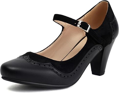 Elerhythm Women's Mary Jane Classic and Retro 1920s Pump Heels Gatsby Oxford Pattern 1950s Pinup Vintage Round Closed Toe 1940s Ankle Strap Dress Shoes in Saudi Arabia