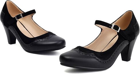Elerhythm Women's Mary Jane Classic and Retro 1920s Pump Heels Gatsby Oxford Pattern 1950s Pinup Vintage Round Closed Toe 1940s Ankle Strap Dress Shoes in Saudi Arabia