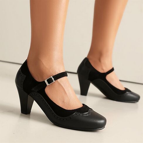 Elerhythm Women's Mary Jane Classic and Retro 1920s Pump Heels Gatsby Oxford Pattern 1950s Pinup Vintage Round Closed Toe 1940s Ankle Strap Dress Shoes in Saudi Arabia