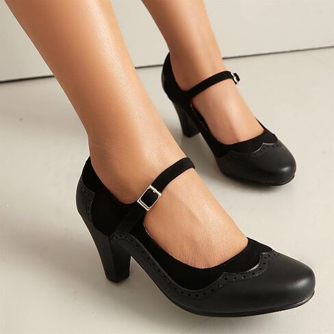 Elerhythm Women's Mary Jane Classic and Retro 1920s Pump Heels Gatsby Oxford Pattern 1950s Pinup Vintage Round Closed Toe 1940s Ankle Strap Dress Shoes in Saudi Arabia