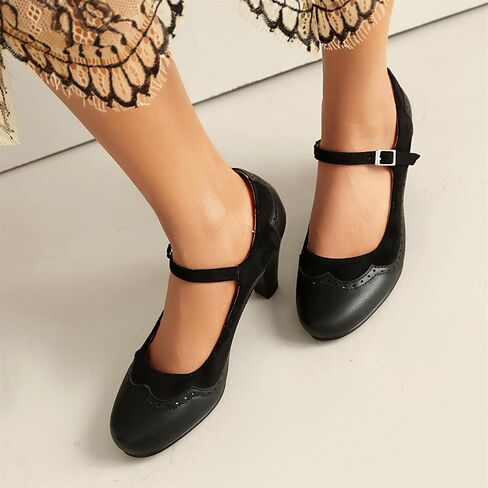 Elerhythm Women's Mary Jane Classic and Retro 1920s Pump Heels Gatsby Oxford Pattern 1950s Pinup Vintage Round Closed Toe 1940s Ankle Strap Dress Shoes in Saudi Arabia