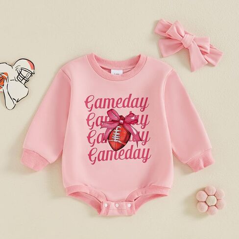 BULINGNA Newborn Baby Girl Football Outfit Game Day Long Sleeve Sweatshirt Romper Rugby Bubble Bodysuit Headband Fall Winter in Saudi Arabia
