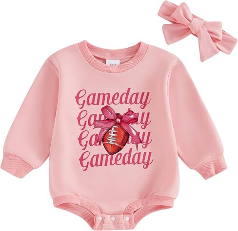 BULINGNA Newborn Baby Girl Football Outfit Game Day Long Sleeve Sweatshirt Romper Rugby Bubble Bodysuit Headband Fall Winter in Saudi Arabia