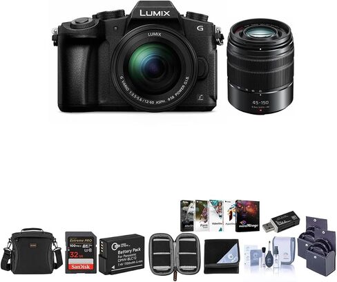 كاميرا باناسونيك لوميكس DMC-G85 بدون مرآة مع عدسة Lumix G Power OIS مقاس 12-60 مم f/3.5-5.6، وعدسة Lumix G Vario 45-150 مم f/4.0-5.6 ASPH باللون الأسود - حزمة مع حقيبة كاميرا، وبطاقة SDHC سعة 32 جيجابايت، وبطارية احتياطية. أكثر in Saudi Arabia