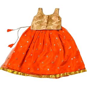 Gold Brocade & Orange Net Sleeveless Lehenga Choli Set, Designer Pattu Pavadai, Kids Ethnic Wear