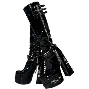 Frankie Hsu Goth Sexy Chunky Platform Knee High Heeled Boots, Black Patent Silver Chain Rivets Ring Buckle Gothic, Punk Y2K Hot Girl Big Large Size Wide Calf Shoes For Women Men