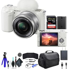 Sony ZV-E10 Mirrorless Camera with 16-50mm Lens White ILCZV-E10L/W, 64GB Memory Card, Card Reader, Case, Flex Tripod, Memory Card Wallet, Cap Keeper, Cleaning Kit