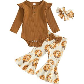 Newborn Baby Girl Thanksgiving Outfit Long Sleeve Romper Turkey Bell Bottom Pants Headband Set Fall Winter Clothes