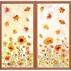 Whaline 6 Sheet Fall Floral Window Clings Sunflower Wild Flower Reusable Window Decals for Autumn Thanksgiving Seasonal Holiday Supplies Glass Home Decor