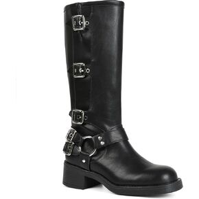 AMINUGAL Knee High Boots Women Square Toe Pull On Boots Wide Calf Riding Boots Fashion Buckles Chunky Boots Metallic Casual Vintage Buckle Rivet Boots