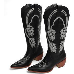 Cowboy Boots For Women Black Cowgirl Boot Wide Calf Knee High Western Booties High Heel Comfy Embroidery Bootie