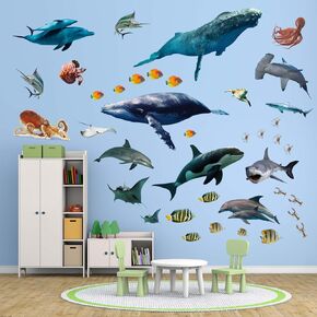Under The Sea Fish Wall Decals - Whale Shark Squid Dolphin Ocean Animals Wall Stickers - Baby Nursery Kids Boy Girls Room Bedroom Bathroom Daycare Playroom Classroom Wall Decor