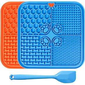 Lick Mat for Dogs, Dog Lick mat Mat with Suction Cups, 2 Pack Dog Food Mat and Slow Feeder Cat Bowl for Dog Anxiety Relief Dog Enrichment Toys for Dog Bathing Station and Cat Grooming (Blue & Orange)