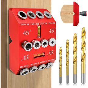 Portable Angle Drill Guide Jig with Level & 4 Drill Bits for Drilling 30°, 45°, 90° Degree Angled Holes, All Metal Jig for Angled or Straight Holes, for Wood Post Railing Stairs Handrail Deck