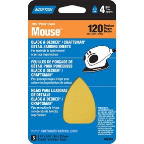 Norton 07660702316 Iron Shape Sanding Sheet for Black and Decker/Craftsman Mouse Sander, Hook and Loop, 7" Length x 3" Width, P120 Grit, Medium Grade (Pack of 5)