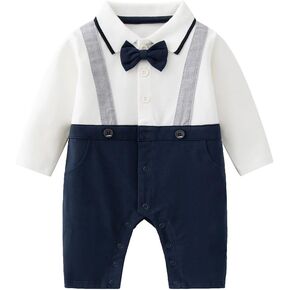 Baby Boys' Tie Gentleman One-Piece Black and White Stitching Romper Wedding Outfit