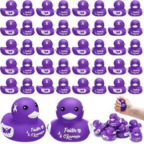 60 Pcs Purple Ribbon Awareness Gifts Rubber Duck Bulk Domestic Violence Awareness Supplies with Purple Ribbon Gifts for Pancreatic Cancer Alzheimer's Epilepsy Awareness Fundraiser and Toys