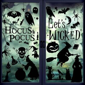 Halloween Window Clings, 8 Sheets Skeleton Halloween Window Decorations 70PCS Scary Halloween Window Stickers with Skulls, Bats and Blood, Reusable Gel Window Decals for Halloween Party Decor