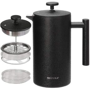 Secura French Press Coffee Maker, 304 Grade Stainless Steel Insulated Coffee Press with 2 Extra Screens, 34oz (1 Litre), Black