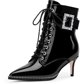 Women's Kitten Heel Pointed Toe Ankle Boots Beaded Buckle Strap Lace Up Dress Booties