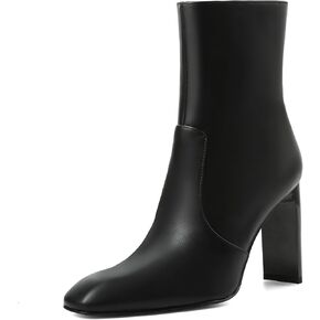 Synchoiss Ankle Boots for Women Chunky High Heel Black Boots Square Toe Rubber Sole Zipper Leather Boots Winter Fall Shoes Short Booties