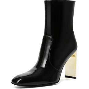 Synchoiss Ankle Boots for Women Chunky High Heel Black Boots Square Toe Rubber Sole Zipper Leather Boots Winter Fall Shoes Short Booties