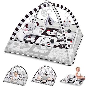 8-in-1 Baby Play Mat, Black and White Tummy Time Mat with Sensory Toys for Babies and Tummy Time Pillow Baby Play Gym Activity Mat for Newborn Infant 0-3-6-9-12 Months Easy to Install