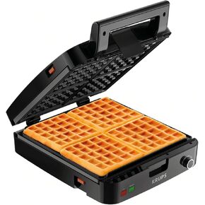 Krups Breakfast Set Stainless Steel Waffle Maker 4 Section 1200 Watts Square, 5 Browning Levels, Removable Plates, Dishwasher Safe, Belgium Waffle Silver and Black