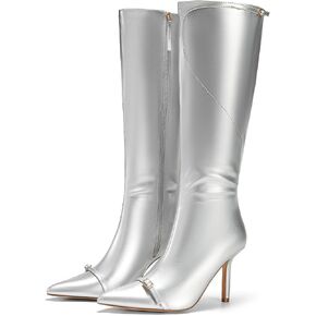 Coutgo Womens Stiletto Knee High Boots Sexy Pointed Toe High Heel Tall Boots Buckle Side Zipper Winter Shoes