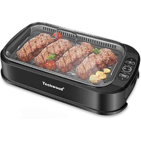 Techwood Indoor Grill Smokeless Grill, 1500W Indoor Korean BBQ Electric Tabletop Grill with Tempered Glass Lid, Removable Grill and Griddle Plates with Drip Tray