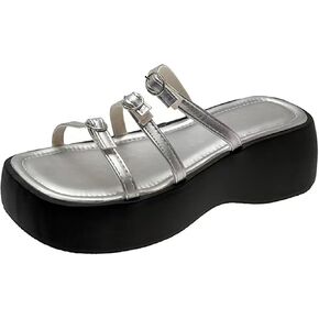 Women'S Leather mulit strappy Platform Slides sadals Fashion square Open Toe chunky goth Y2K slippers For Summer Casual Beach Chunky Wedge sandals