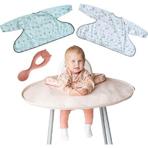 Tidy Tot- Bib & Tray Kit Baby Feeding Set - 3 Mess Proof Long Sleeve Smocks Attaches to Feeding Mat - Waterproof Bibs