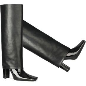 LEHOOR Women Fashion Fold Over Knee High Boots Wide Calf Chunky Block High Heel Square Toe Dress Boots Vintage Pull On Trouser Leg Covered Boots Tall Suede Fall Winter Boot Chic Retro 4-12 M US